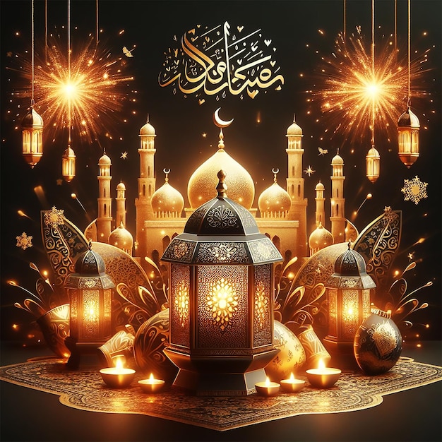 Ramadan Kareem Eid Mubarak royal elegant lamp with mosques holy gate with fireworks