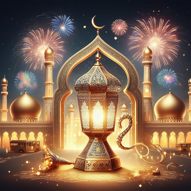 Ramadan Kareem Eid Mubarak royal elegant lamp with mosques holy gate with fireworks