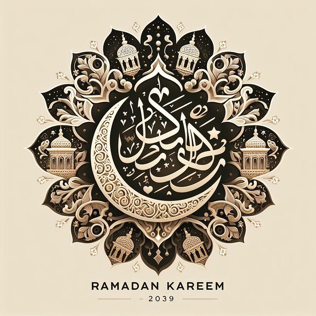 Ramadan Kareem in Elegant Arabic Calligraphy with Traditional Islamic Art Elements