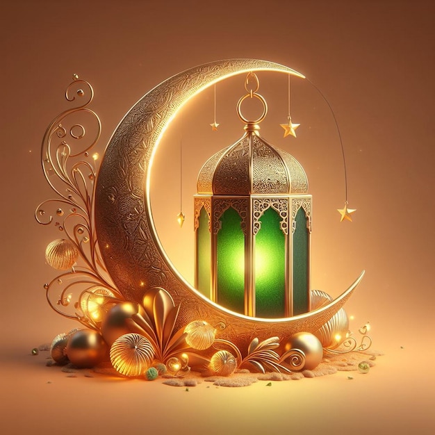 Ramadan Kareem golden crescent moon green lantern