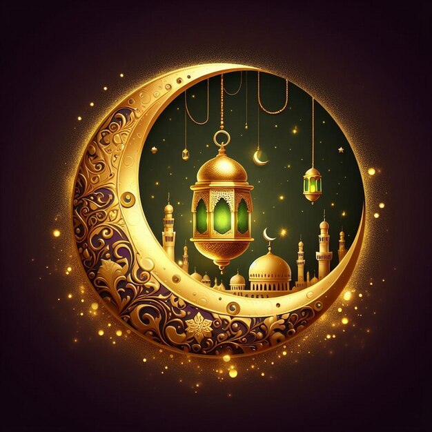 Ramadan Kareem golden crescent moon green lantern