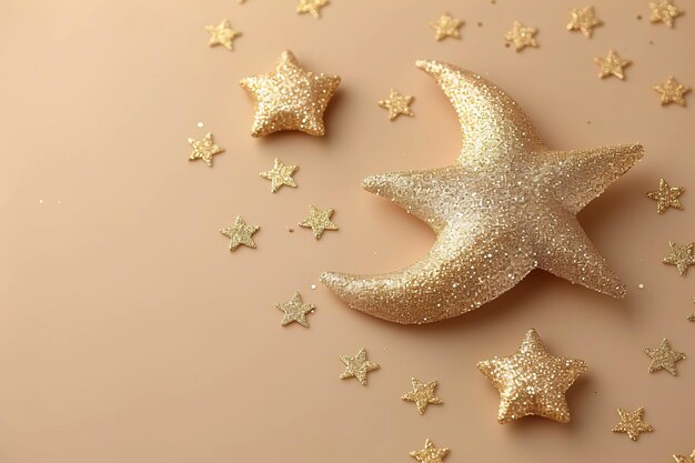 Photo ramadan kareem golden greeting poster design pastel pink colours glitter with moon and stars