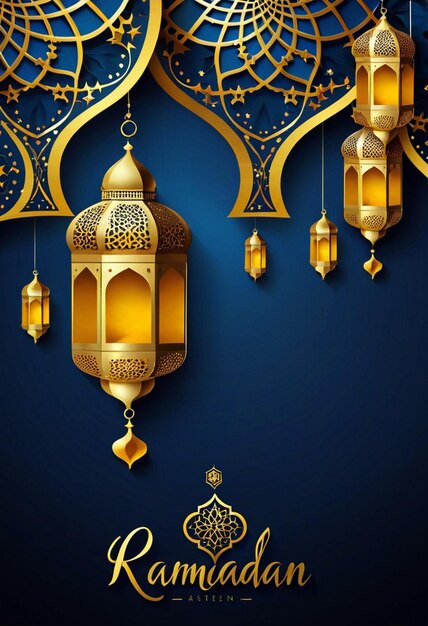 Ramadan Kareem greeting background for Muslim festival celebration with blue color 3d lentern