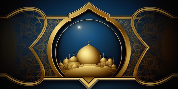 Ramadan Kareem greeting background with mosque and golden ornate frame