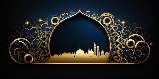 Ramadan Kareem greeting background with mosque and golden ornate frame