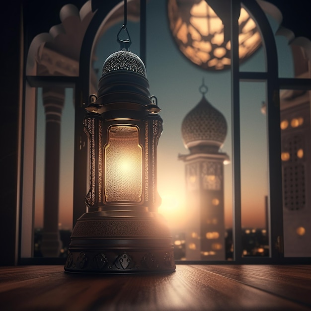 Ramadan Kareem greeting card Arabic lantern in the night 3D rendering