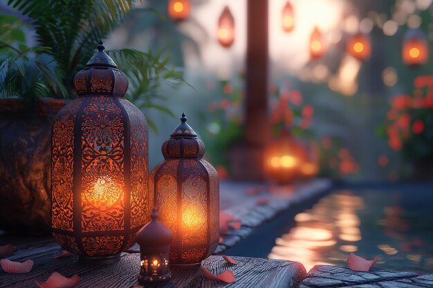 Ramadan Kareem greeting card beautiful Ramadan lanterns in the garden Eid Mubarak celebration