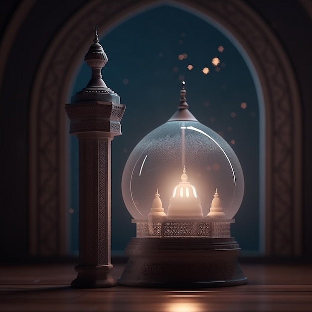 Ramadan Kareem greeting card Ramadan lantern in the mosque 3d rendering