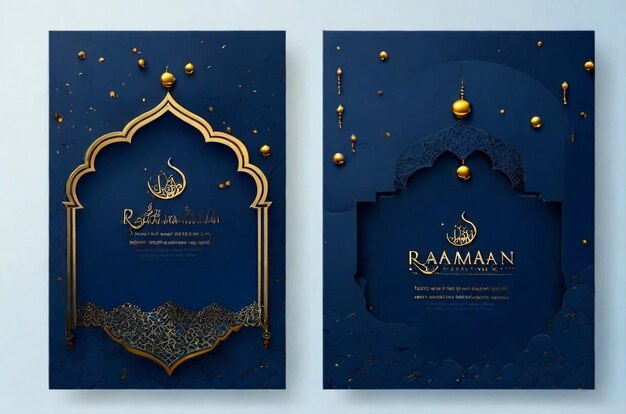 Photo ramadan kareem greeting card templates with golden islamic ornament on a black background