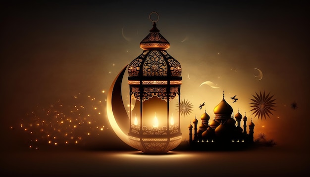 Ramadan Kareem greeting card with arabic lantern and mosque Generative AI