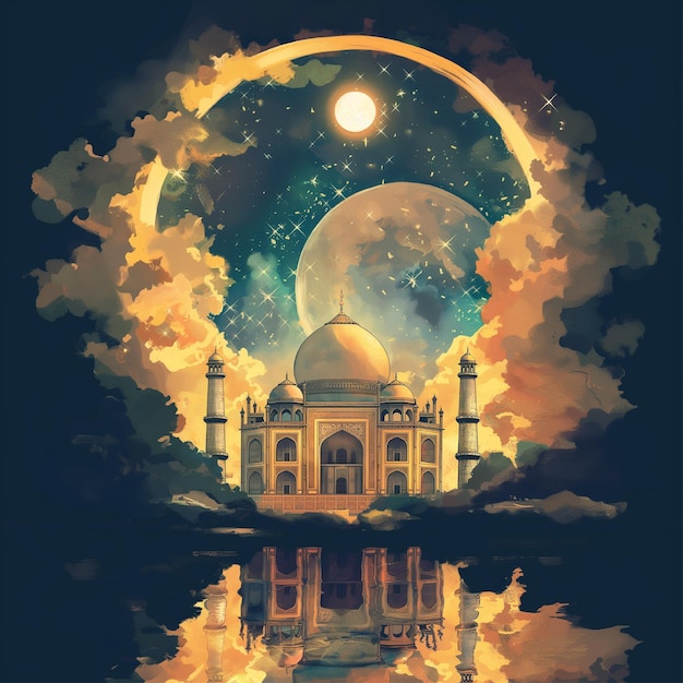 Ramadan Kareem greeting card with mosque and full moon Vector illustration