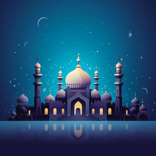 Ramadan Kareem greeting card with paper cut mosque and crescent Vector illustration