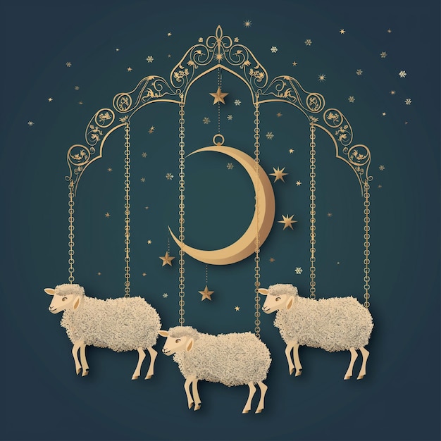 Ramadan Kareem greeting card with sheep and moon Vector illustration