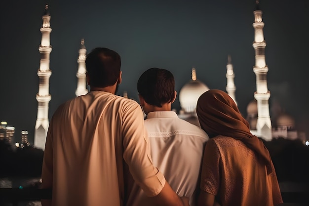 Ramadan Kareem Greetings and Family Bonding A Heartwarming Photography of a Family Viewing a Mosque