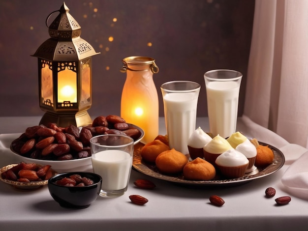 Ramadan Kareem Iftar food item fruits sweets milk sherbet Lantern of light in Ramadan AI generated