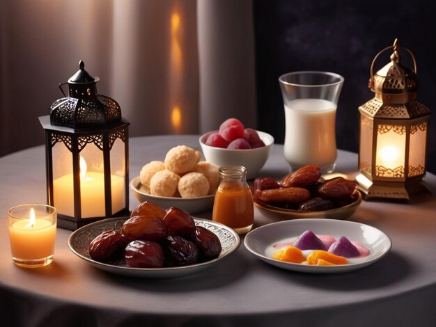 Ramadan Kareem Iftar food item fruits sweets milk sherbet Lantern of light in Ramadan AI generated