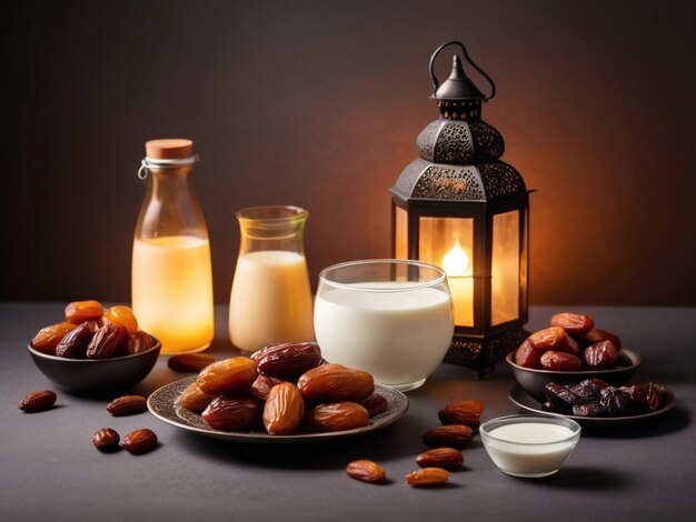 Ramadan Kareem Iftar food item fruits sweets milk sherbet Lantern of light in Ramadan AI generated