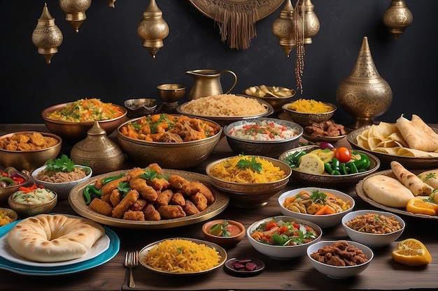 Ramadan kareem Iftar party table with assorted festive traditional Arab dishes