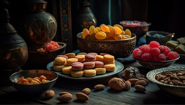 Ramadan kareem Iftar party table with a variety of traditional Arabic sweets