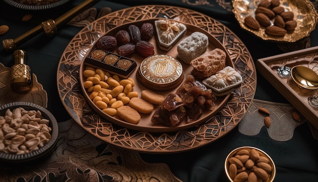 Ramadan kareem Iftar party table with a variety of traditional Arabic sweets