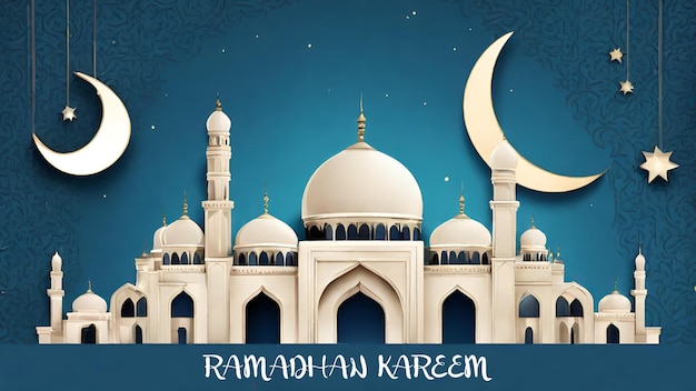 Ramadan Kareem illustration with mosque and crescent moon and blue background