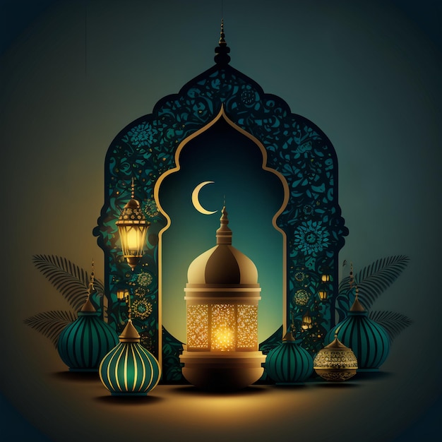 Ramadan kareem islamic mosque lantern with moon, Eid mubarak greeting with generative ai technology