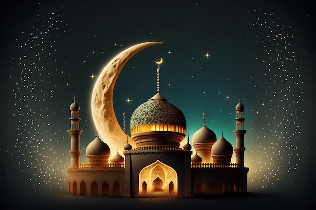 Ramadan kareem islamic mosque with moon, Eid mubarak greeting with generative ai technology