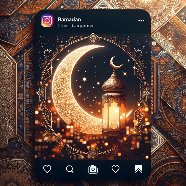 Photo ramadan kareem lantern instagram post story illustration design with beautiful crescent