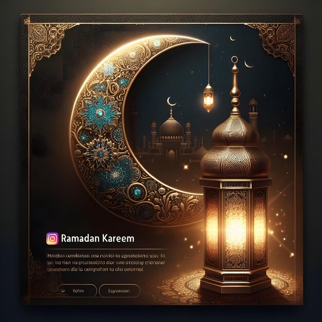 Photo ramadan kareem lantern instagram post story illustration design with beautiful crescent