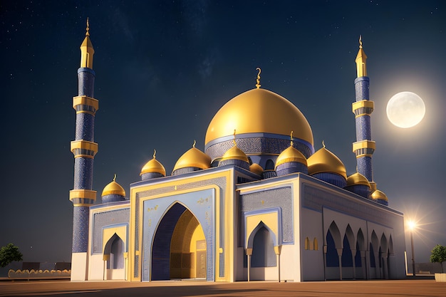 Ramadan Kareem Mosque Night time moon Islamic Concept Banner of Masjid minarets Generative AI