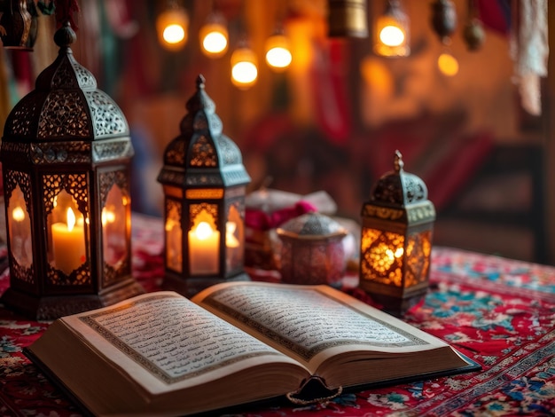 ramadan kareem muslim holiday concept beautiful greeting card with book and lamp ramadan kar