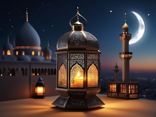 Ramadan kareem photo mosque lamp in the evening muslim millat happy month