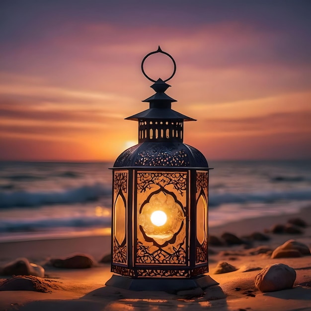 Ramadan Kareem photography Lantern with a crescent on the beach with sunset sky 2024 Eid Mubarak g