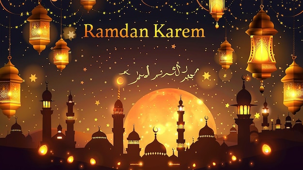 Ramadan Kareem and Ramadan Mubarak beautiful greeting card Arabic Islamic calligraphy Traditional