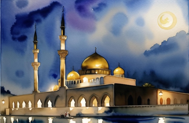 Ramadan Kareem Watercolor Mosque Illustration of islamic architecture design under the moon Muslim Festival Ramzan Banner with mosque minarets Generative AI