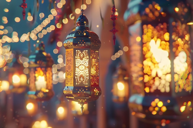 Ramadan kareem with arabic calligraphy and golden lanterns