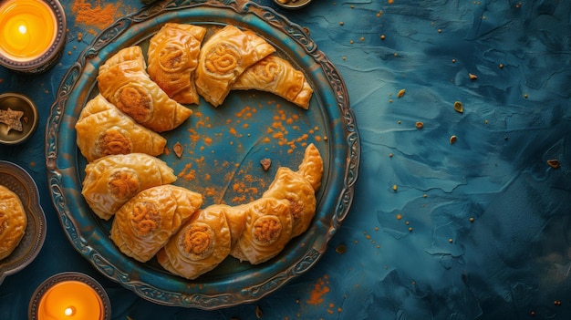 Ramadan Kareem with baklava sweets arranged in shape of crescent moon