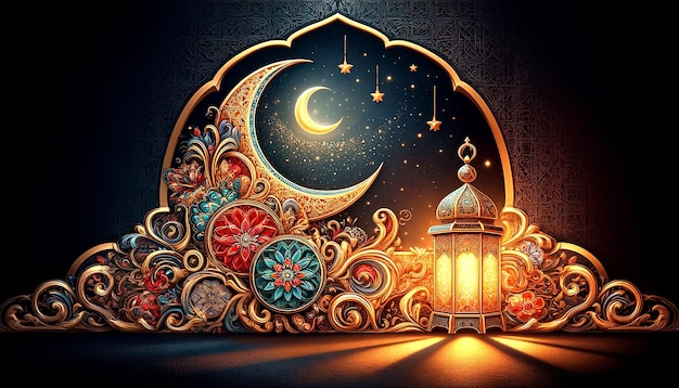 Ramadan kareem with beautiful crescent and lantern background