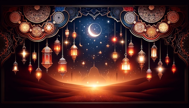 Ramadan kareem with beautiful crescent and lantern background