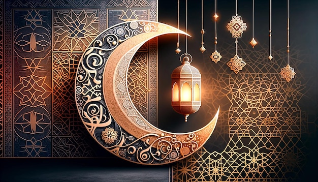 Ramadan kareem with beautiful crescent and lantern background