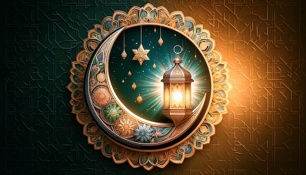 Ramadan kareem with beautiful crescent and lantern background