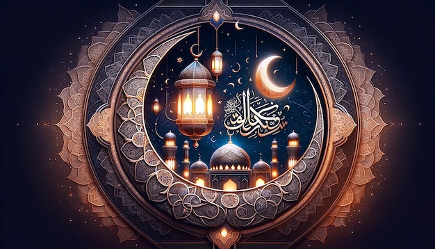 Ramadan kareem with beautiful crescent and lantern background