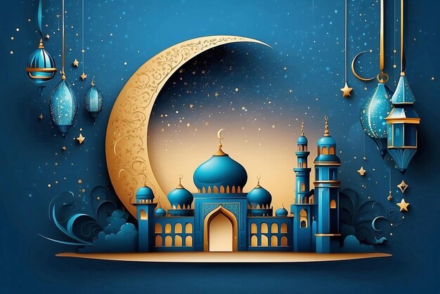 Ramadan Kareem with mosque and crescent moon background Ai generative