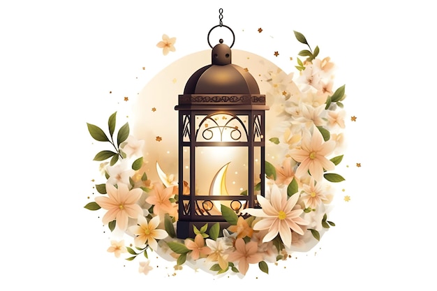 Ramadan Karim and Eid ul adha mubarak with 3d lantern and flower Mosque moon white and colorful