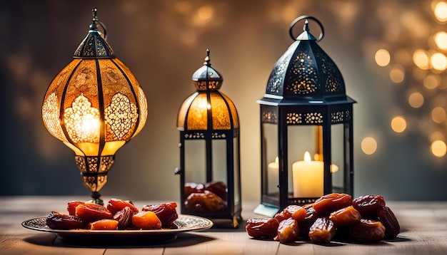 Ramadan lamp and dates still life