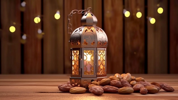 Ramadan lamp and dates on wooden background Oriental lantern Generative AI