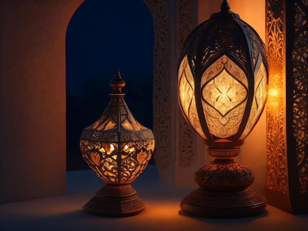 A ramadan lamp with a pattern of lights in the dark