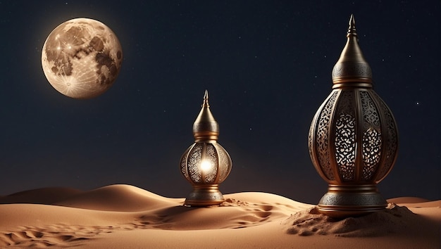 Ramadan Lamps with Moon in desert