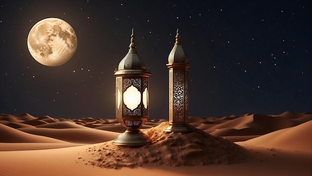 Ramadan Lamps with Moon in desert