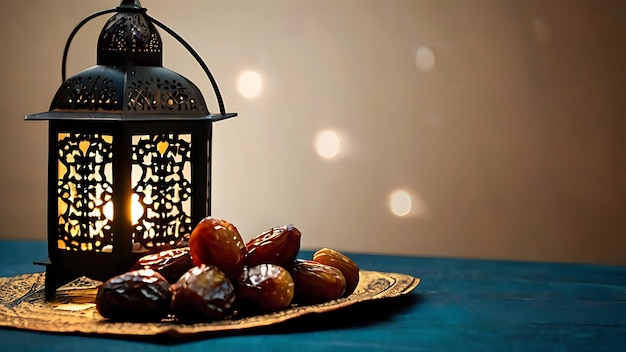 Ramadan lantern and dates on a table ai generated